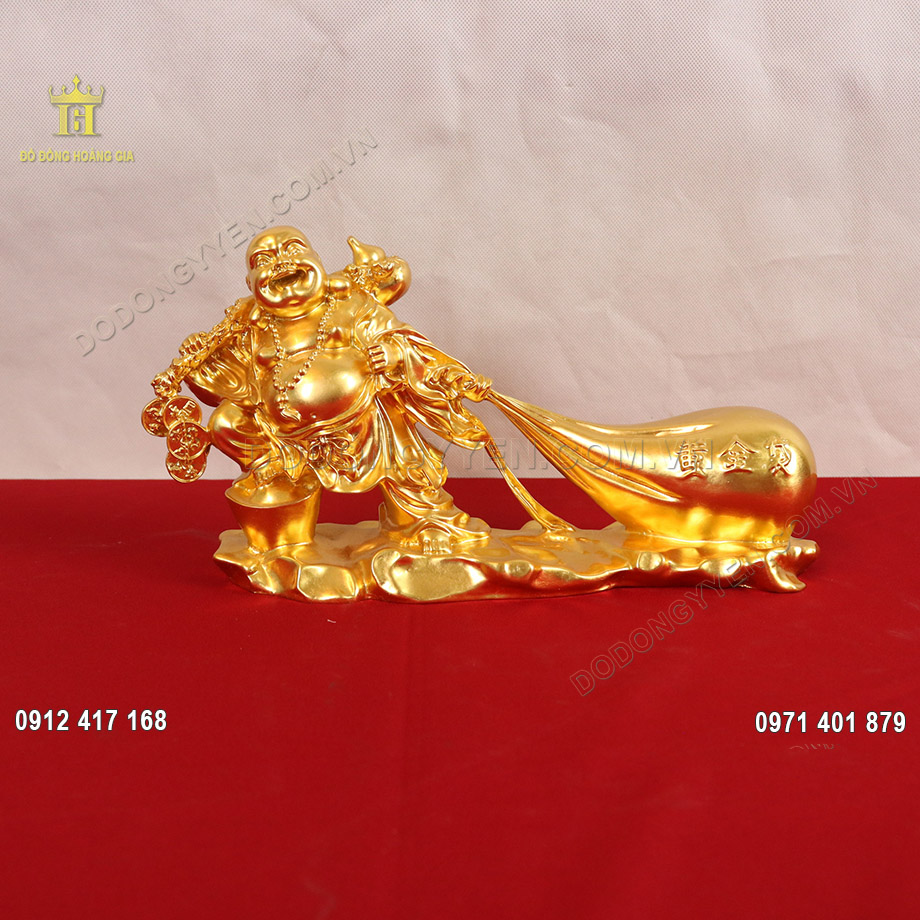 Tượng đồng Phật Di Lặc k&eacute;o bao tiền d&aacute;t v&agrave;ng 24K